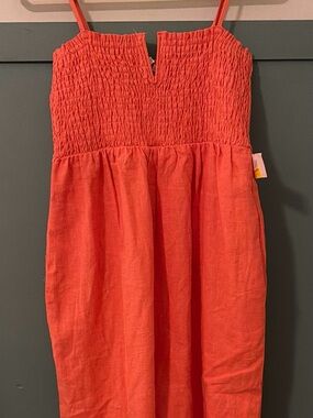Karlie Coral Red Linen Jumpsuit with Smocked Bodice
